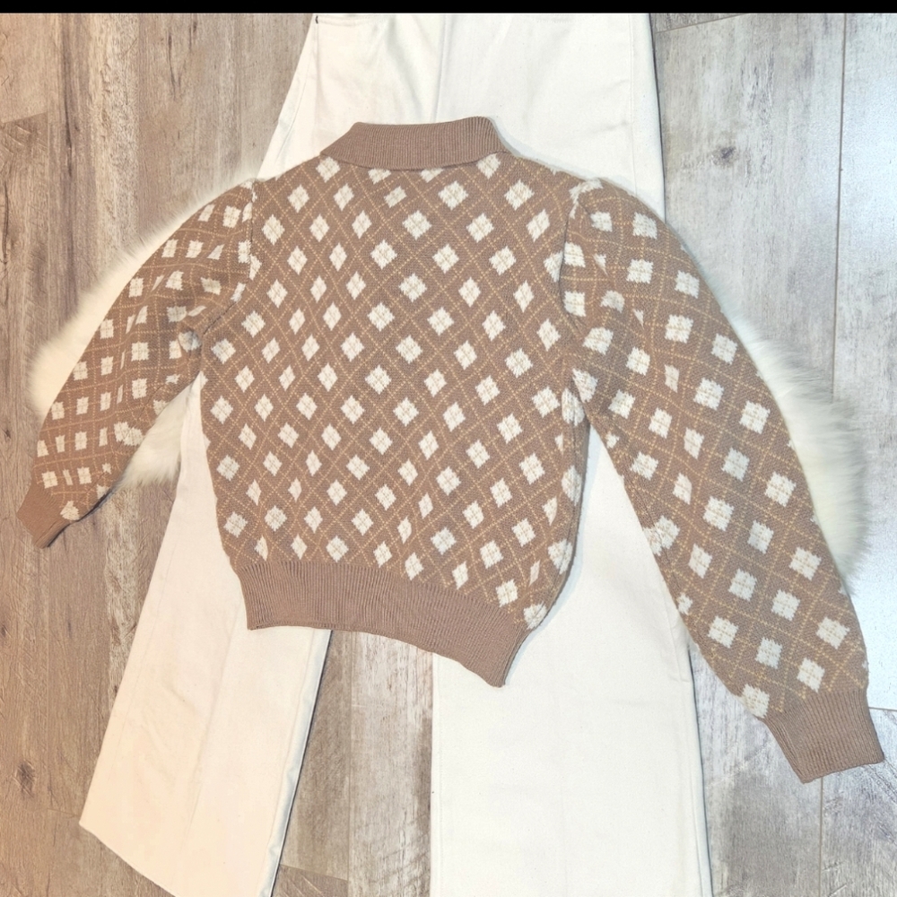 Oak & Fort Button Up Collar Knit Sweater In Brown/White SZ S - Picture 3 of 16